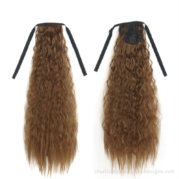 Hot Selling High Quality 22 Inch Long Wrap Kinky Curly Strappy Ponytail Hair Extensions Dark Brown Synthetic For Women